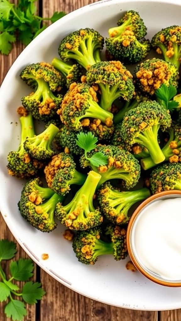 Air-fried malai broccoli garnished with coriander on a rustic table.